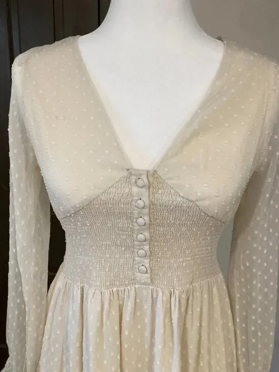 Patrons of Peace Cream Polka Dot Long Sleeve Tiered Cottagecore Maxi Dress - Picture 2 of 13